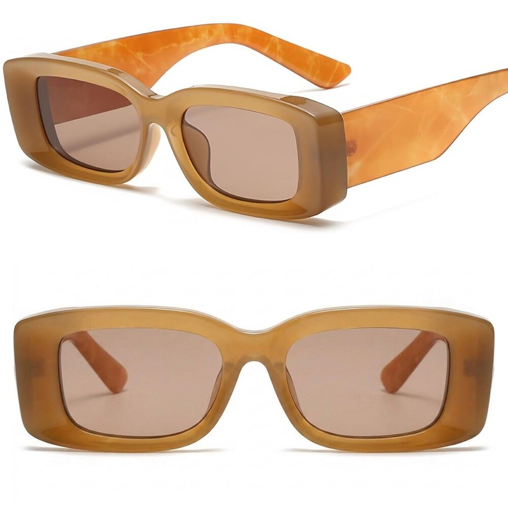 Women's Amber Brown Narrow Rectangle Retro Fashion Modern Chic Style Sunglasses